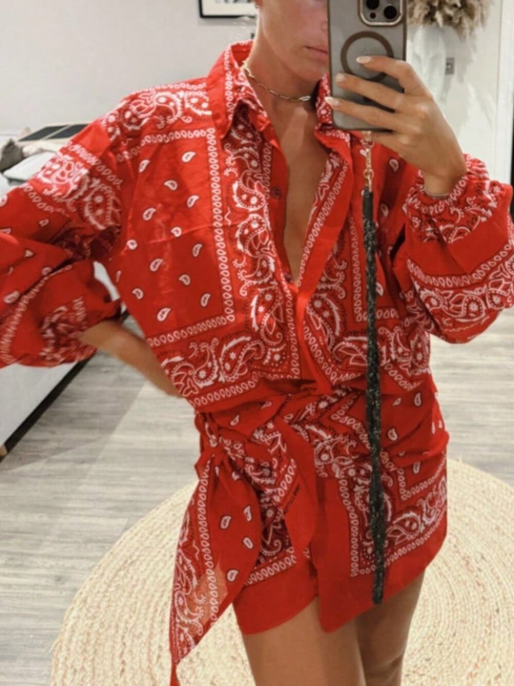 Red Boho Women's Long Sleeve Shirt & Tie Skirt Set